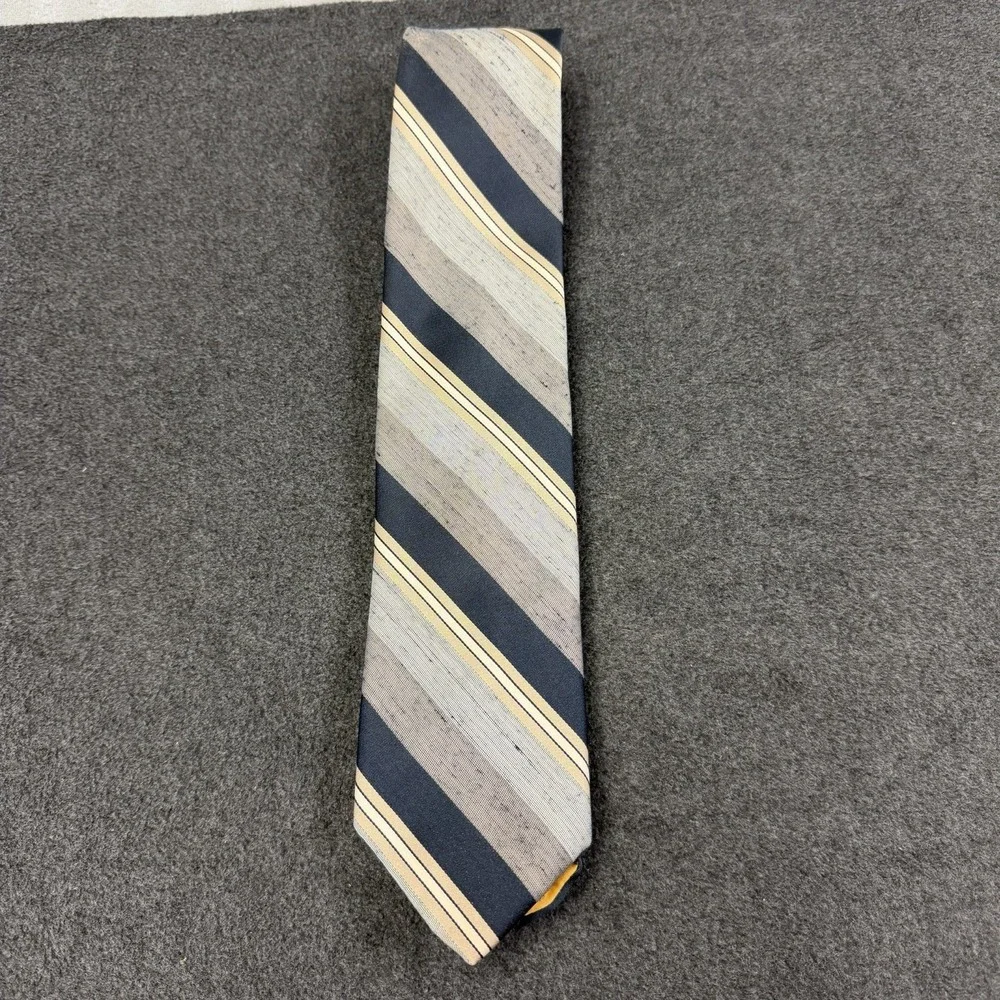 Vtg Damon Silk Blend Tie Mens Striped Raw Slub Texture Grey Navy Yellow 70s 80s